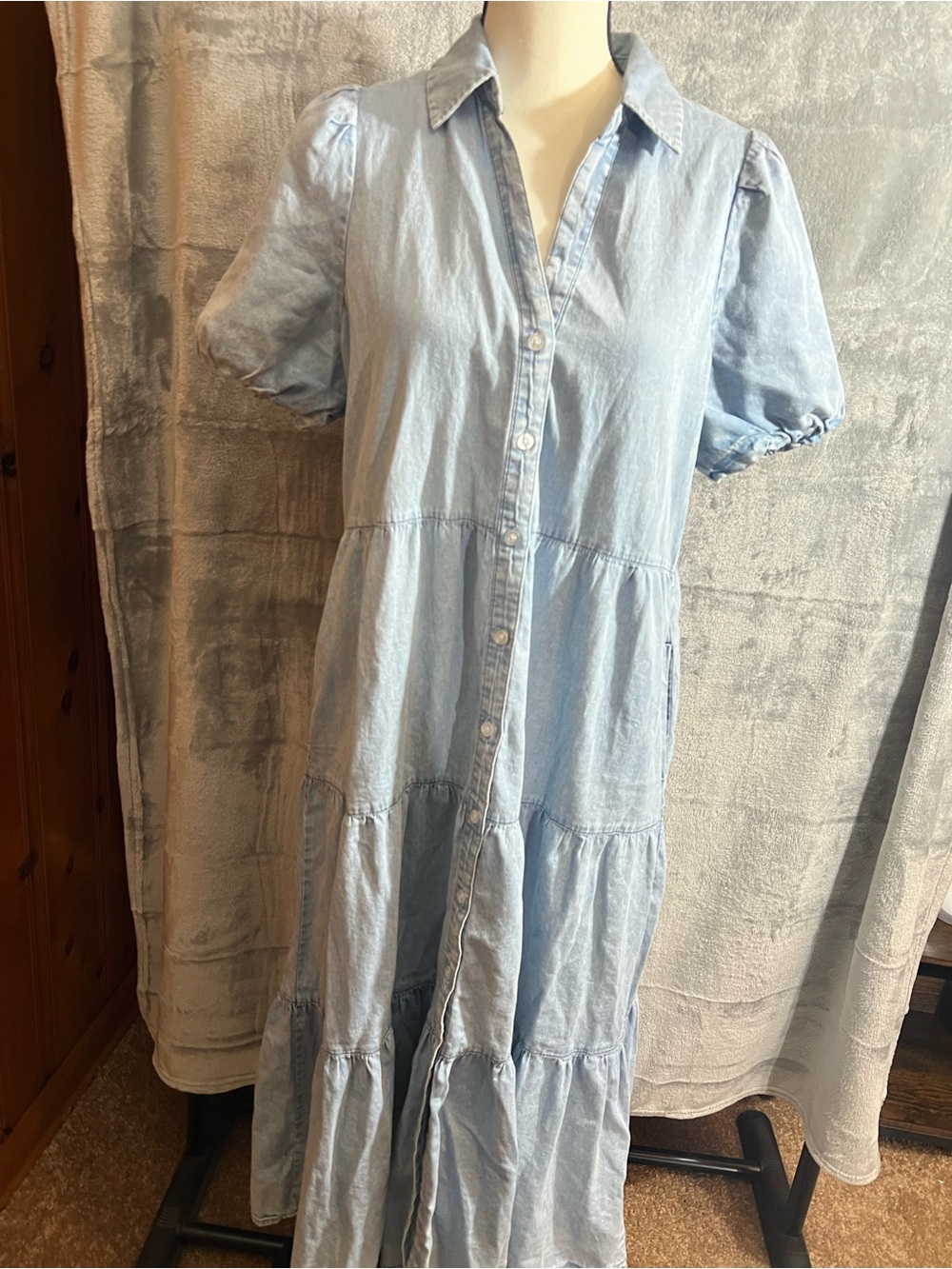 Light Blue Button-Front Tiered Maxi Dress